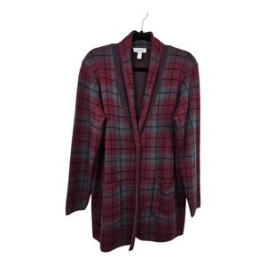 D & Co Denim Company Plaid Knit Cardigan Sweater Womens XL Burgundy Pockets